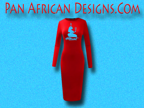 Women's Red with Light Blue Glitter Long Sleeve Ma'at Bodycon T-Shirt Dress