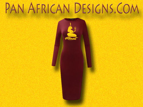 Women's Maroon with Gold Glitter Long Sleeve Ma'at Bodycon T-Shirt Dress