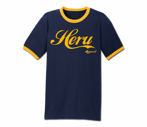 Men's Navy Blue and Gold Heru Apparel Ringer T-Shirt (Text)