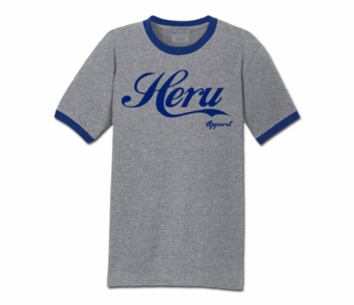 Men's Heather Grey and Navy Blue Heru Apparel Ringer T-Shirt (Text)